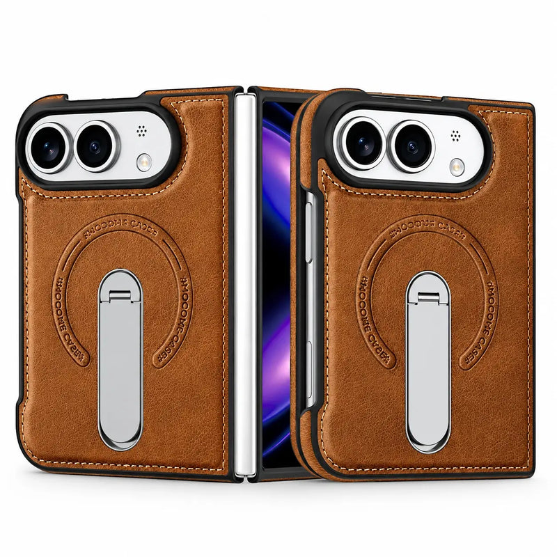 Leather Magnetic Ring Stand Case for iPhone Duo in brown